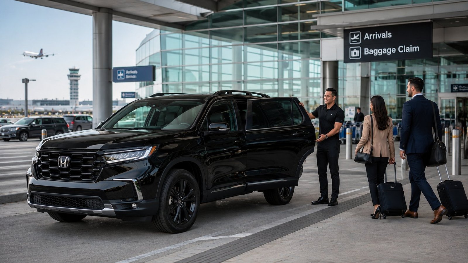 Volar DL Group driver greeting corporate travelers curbside at the airport